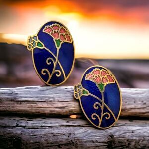 Vintage‎ 80s Enamel Cloisonne Earrings Pierced Floral Lily Gold Tone Large Oval.